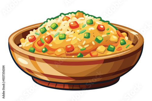 Vibrant Watercolor Fried Rice Illustration on White Background.