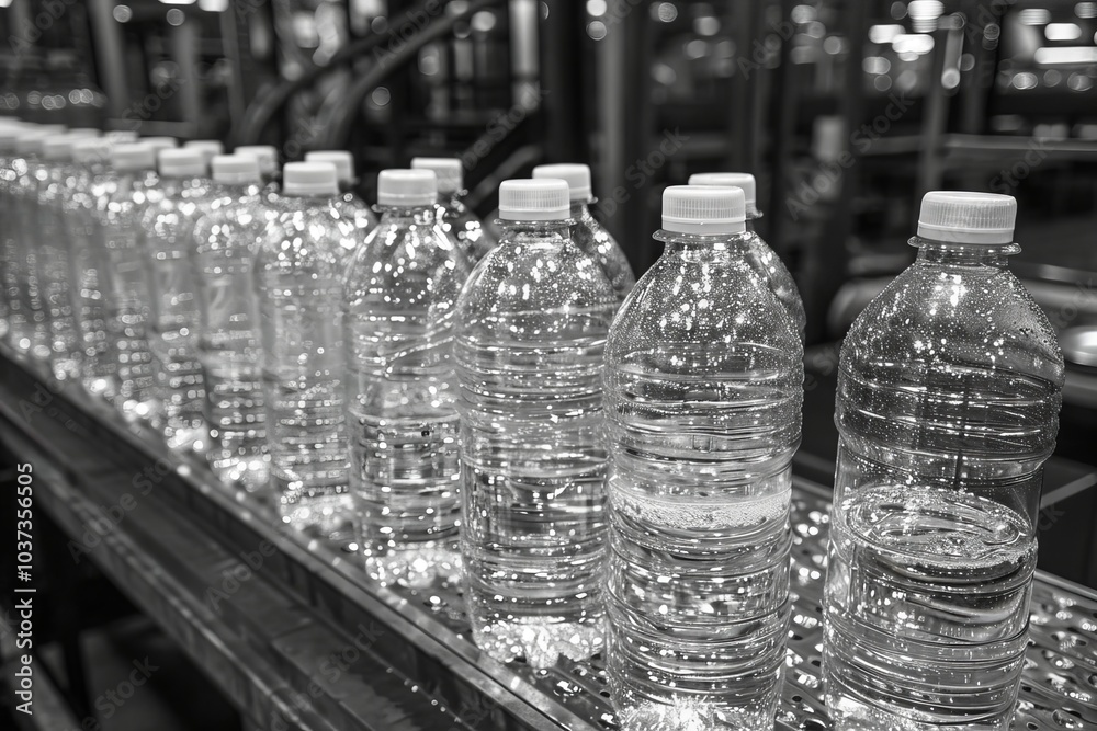 Water bottles lined up on a conveyor belt in a bottling facility during the production process Water bottles lined up on a conveyor belt in a bottling facility during the production process