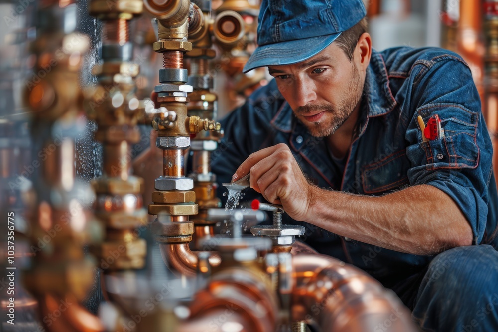 A skilled plumber repairing copper pipes in a modern industrial setting during daylight hours A skilled plumber repairing copper pipes in a modern industrial setting during daylight hours