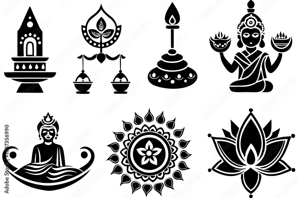 Diwali festival vector set with Hindu religious symbols and art Diwali festival vector set with Hindu religious symbols and art