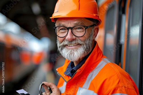 Smiling railway worker in vibrant safety gear at train station during daylight hours