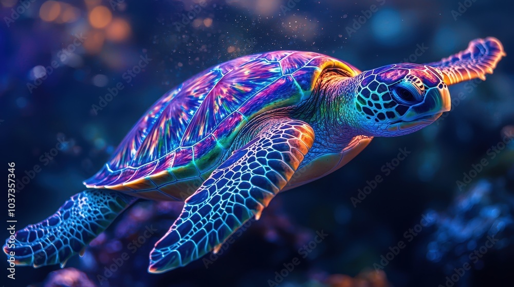 Fototapeta premium Vibrant Sea Turtle Swimming in Blue Ocean with Intricate Shell Patterns