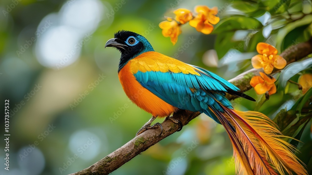 Fototapeta premium Vibrant Paradise Bird with Blue and Orange Feathers Perched on Branch in Jungle