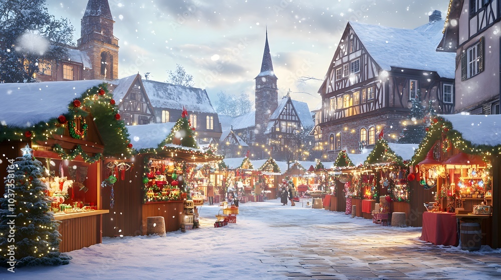 Obraz premium A Snowy Christmas Market in a European Village at Night