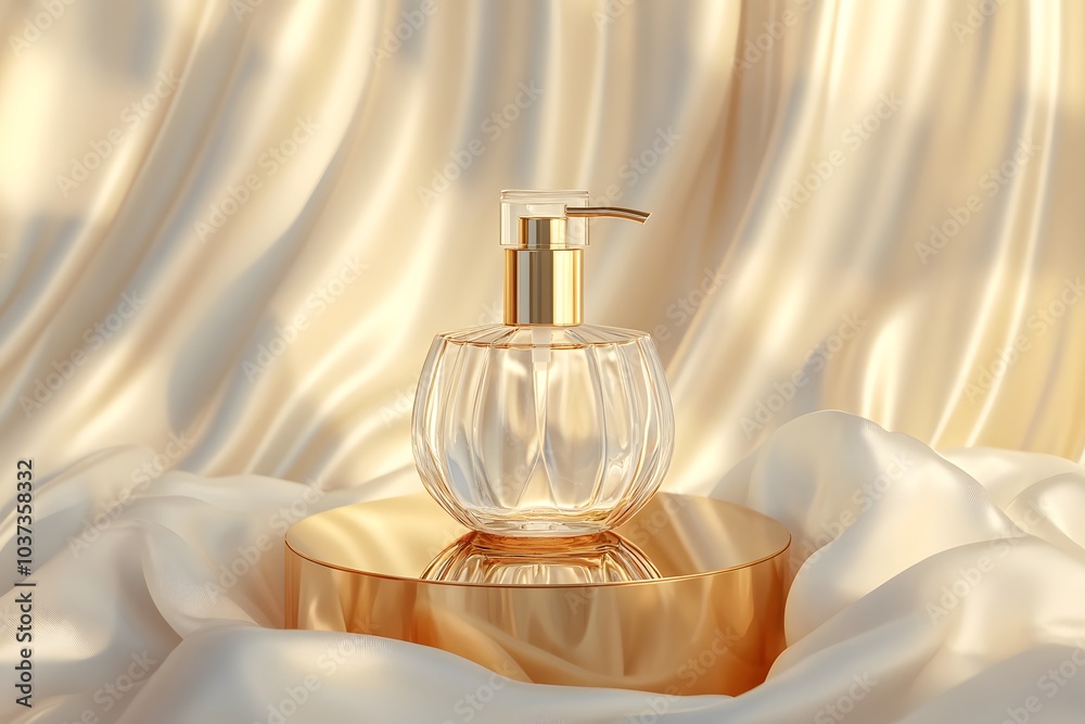 A luxurious perfume bottle on a reflective surface, surrounded by soft, draped fabric. A luxurious perfume bottle on a reflective surface, surrounded by soft, draped fabric.