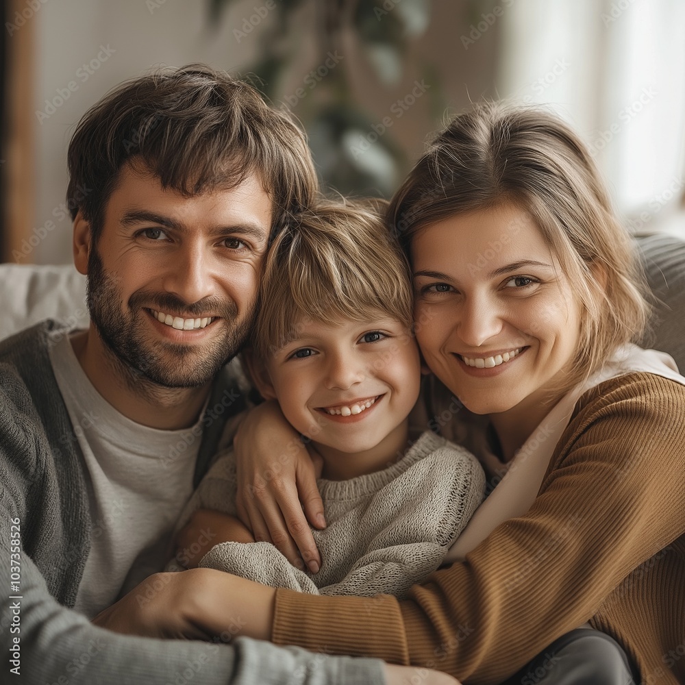 Smiling parents and their young child pose happily together on a cozy couch in their living room. Smiling parents and their young child pose happily together on a cozy couch in their living room.