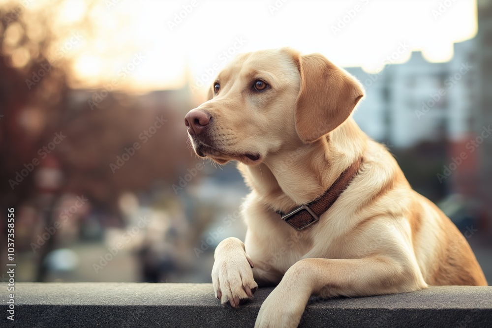A thoughtful yellow Labrador dog gazes into the distance while resting its paws on a ledge outdoors. A thoughtful yellow Labrador dog gazes into the distance while resting its paws on a ledge outdoors.