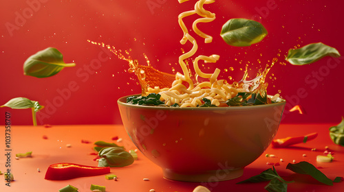 The image beautifully captures a dynamic scene with a colorful explosion of vegetables and noodles spilling from a bowl on a vibrant red background, symbolizing freshness and vitality