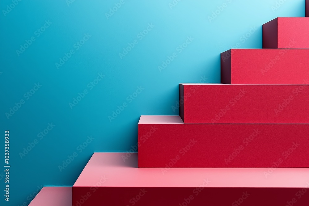 Red stairs with sharp angles contrast against a bold blue background, creating an abstract visual representation. Red stairs with sharp angles contrast against a bold blue background, creating an abstract visual representation.
