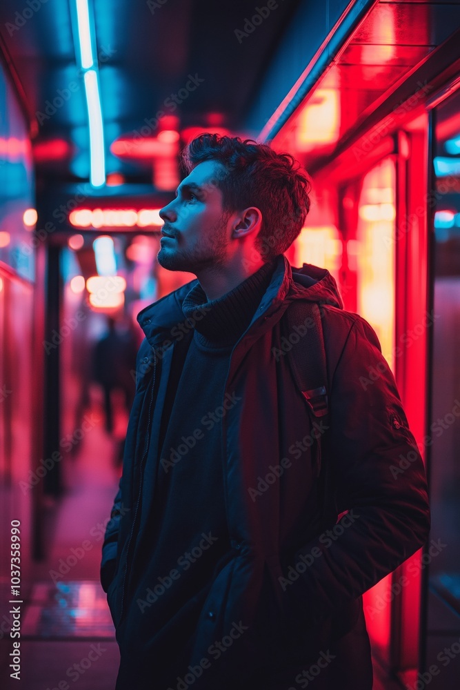 A person walks down a glowing hallway, awash in vibrant neon lighting, evoking a sense of urban exploration at night. A person walks down a glowing hallway, awash in vibrant neon lighting, evoking a sense of urban exploration at night.