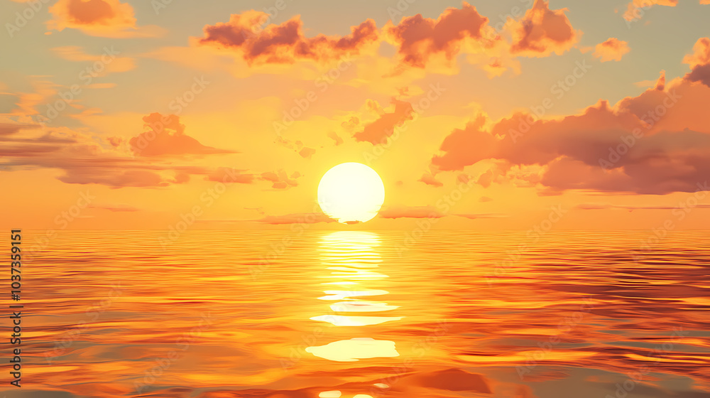Golden sunset over a calm sea, clear weather, warm glow on the horizon. Sunset Over Horizon. Illustration