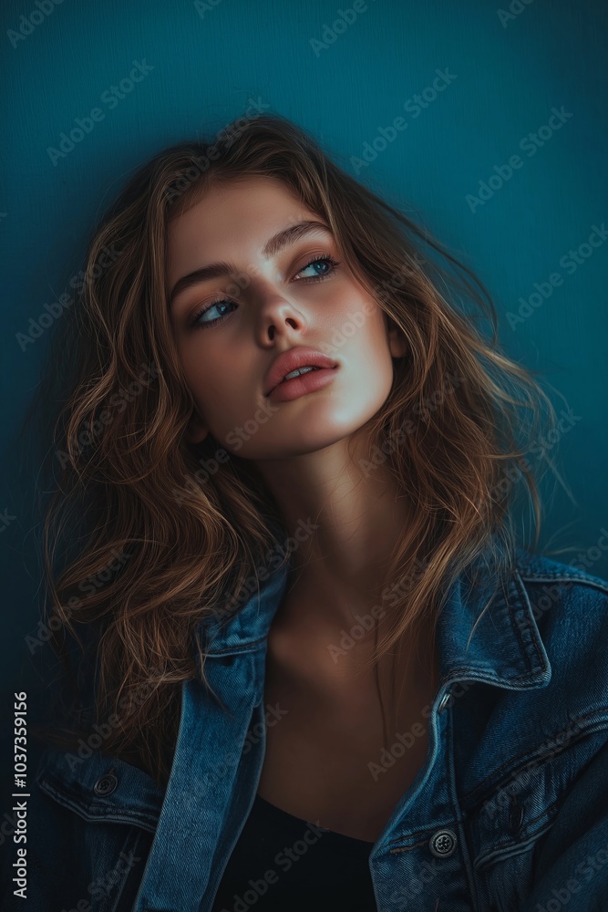 A pensive woman gazes upwards, wearing a denim jacket, framed by a moody, blue background, capturing introspection. A pensive woman gazes upwards, wearing a denim jacket, framed by a moody, blue background, capturing introspection.