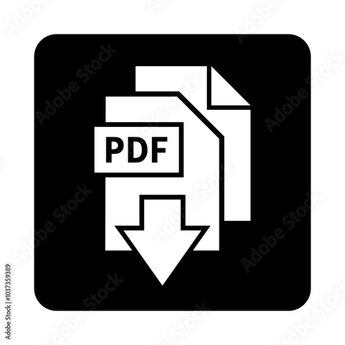 biała ikona pobierania plików PDF na czarnym tle