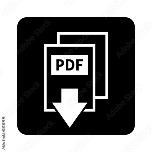 biała ikona pobierania plików PDF na czarnym tle