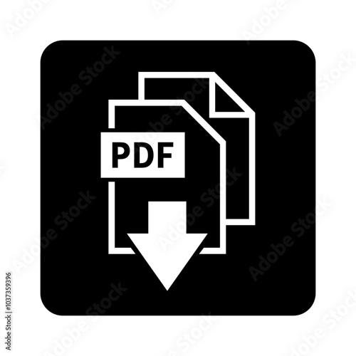 biała ikona pobierania plików PDF na czarnym tle