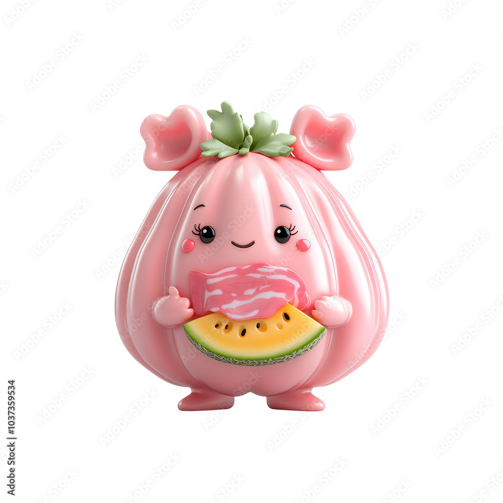 Fototapeta premium Cute Pink Cartoon Character Holding Watermelon and Bacon