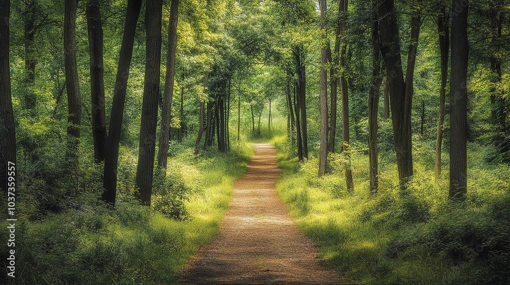 Fototapeta premium Serene Forest Pathway in Lush Green Environment