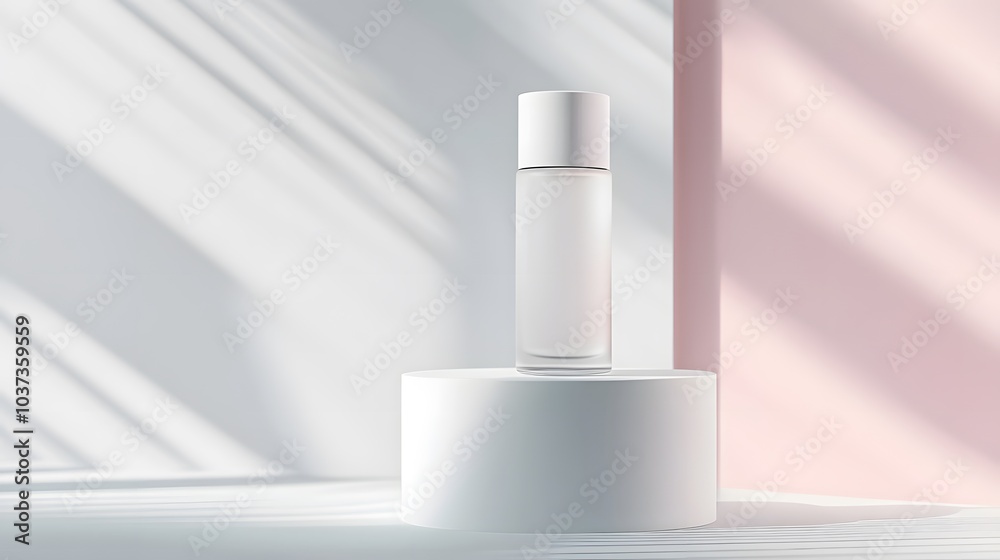 A minimalist display of a clear bottle on a pedestal against a softly lit background. A minimalist display of a clear bottle on a pedestal against a softly lit background.