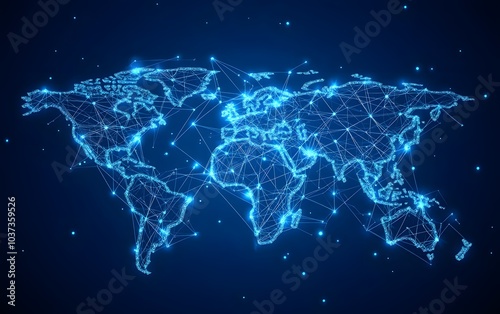 A glowing, digital map showcasing a network of connections across the globe against a dark background, symbolizing connectivity and technology.