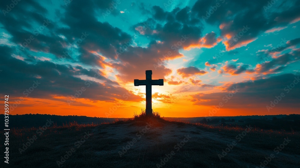 Faith and Hope. Cross Silhouette Against a Vibrant Sunrise Sky Faith and Hope. Cross Silhouette Against a Vibrant Sunrise Sky