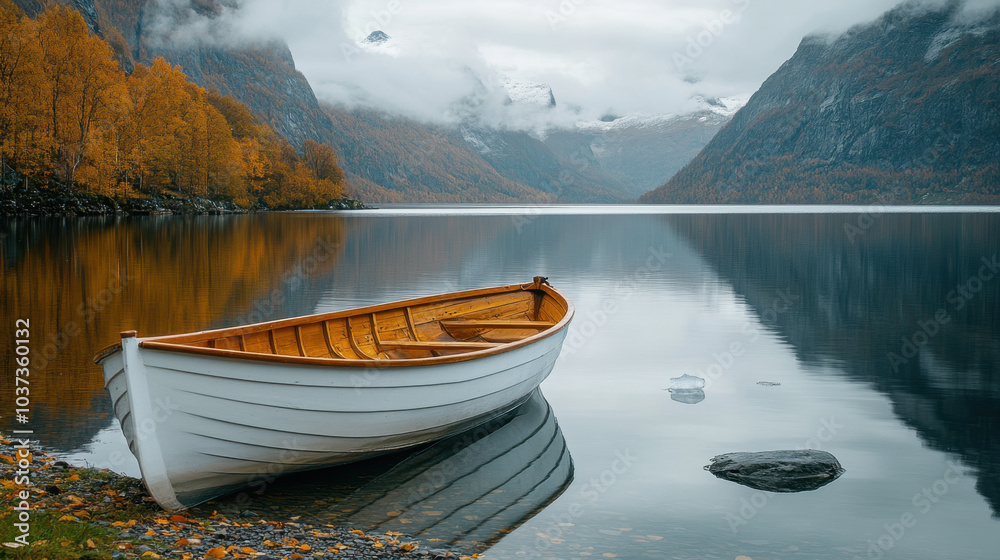 serene white wooden boat rests on calm waters of Lake Bondhus in Norway ...