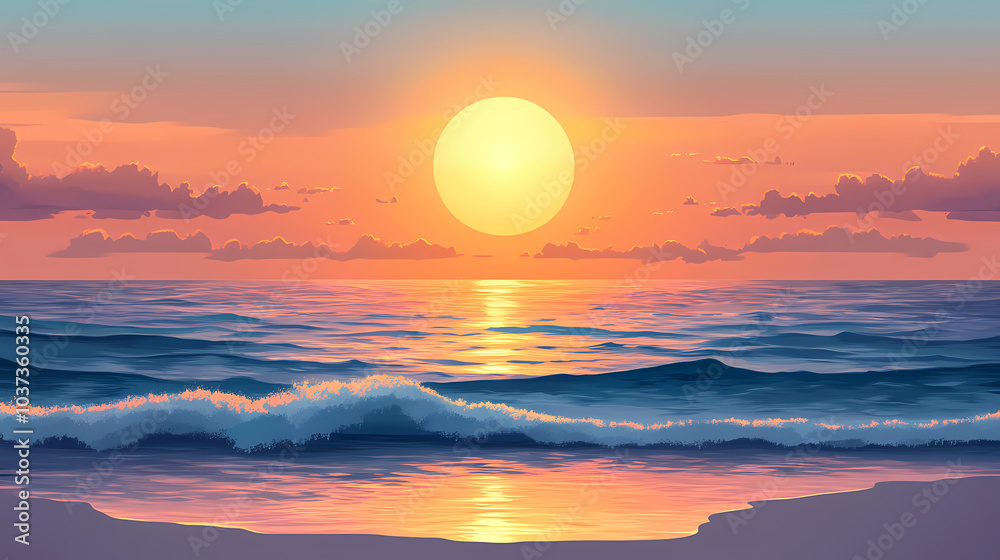Illustration of the sunset or sunrise over sea or ocean water and sand beach isolated on transparent background. horizon sky travel. Sunset Over Horizon. Illustration Illustration of the sunset or sunrise over sea or ocean water and sand beach isolated on transparent background. horizon sky travel. Sunset Over Horizon. Illustration
