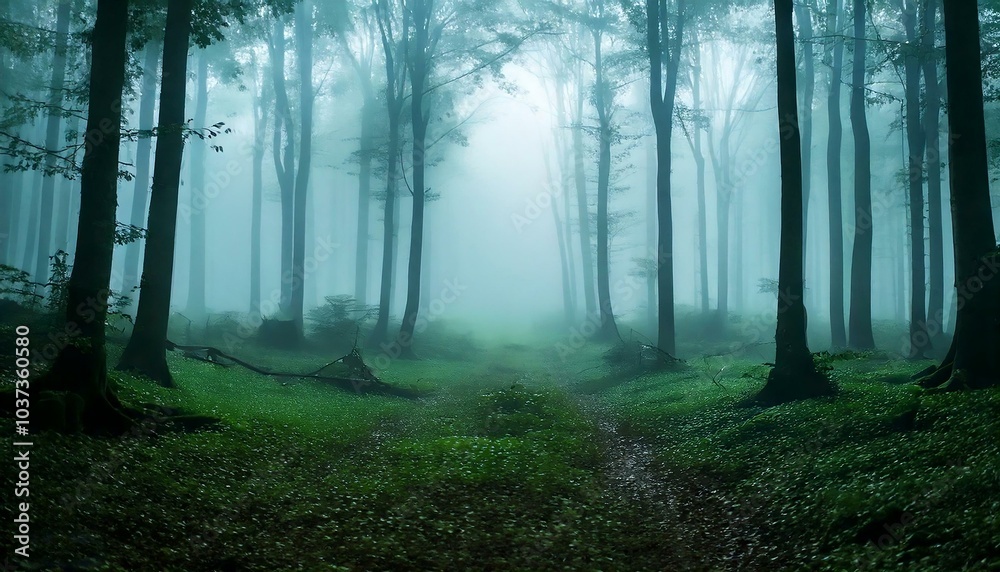 Obraz premium Fog In Spooky Forest, serene forest landscape, Atmospheric fantasy forest - generative ai