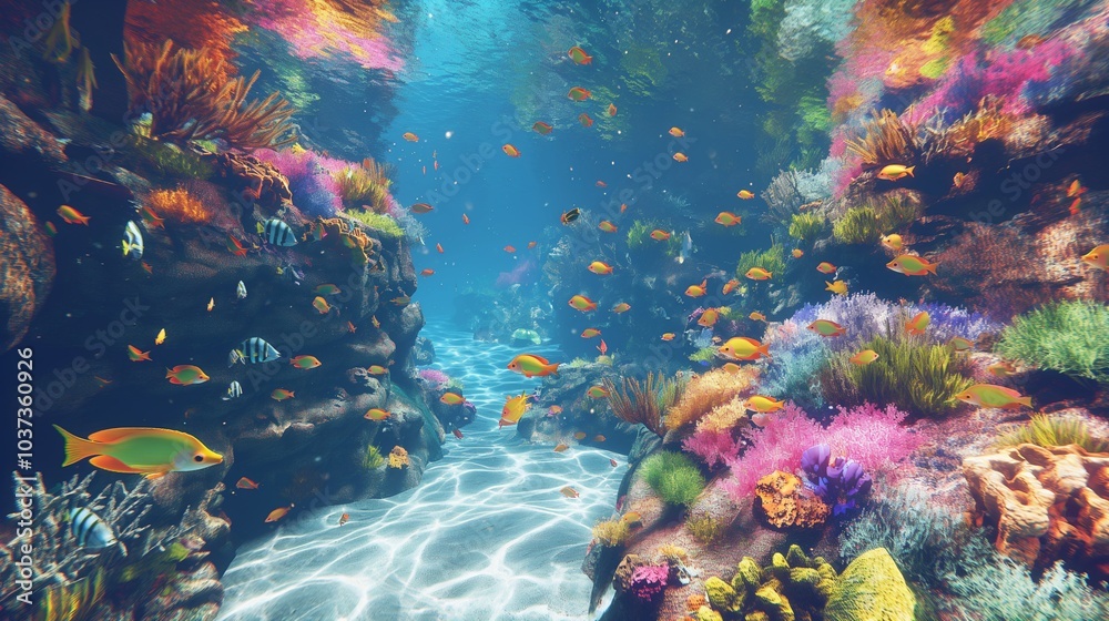 Fototapeta premium Underwater coral reef scene with vibrant marine life and colorful fish swimming amongst the coral structures