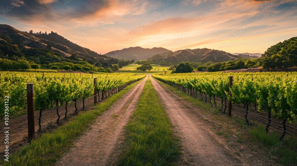Naklejka premium Sunset Vineyard Path