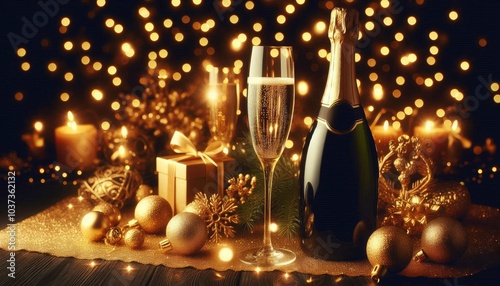 Elegant celebration scene with a bottle of champagne, surrounded by gold sparkling bokeh. The black background highlights the soft glow, creating a festive atmosphere