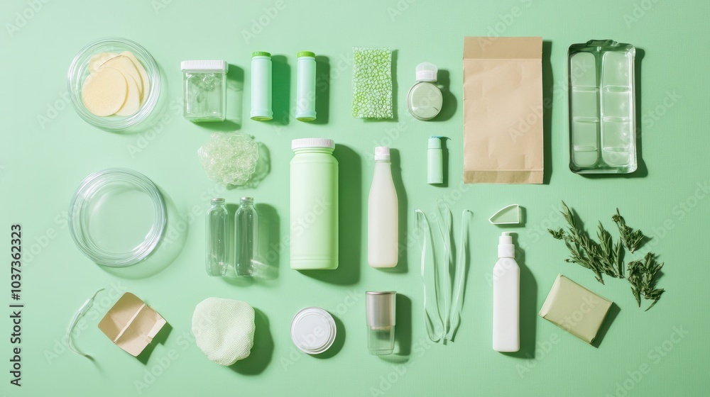 a flat lay of recyclable bottles and packaging materials on a mint green background promoting sustainability and eco friendly practices a flat lay of recyclable bottles and packaging materials on a mint green background promoting sustainability and eco friendly practices