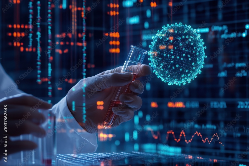 Obraz premium A scientist analyzes data while holding a test tube, with a digital representation of a virus in a high-tech lab environment.
