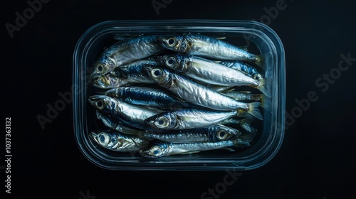 Fresh anchovies shine in a clear container, showcasing vibrant colors against a deep black backdrop.