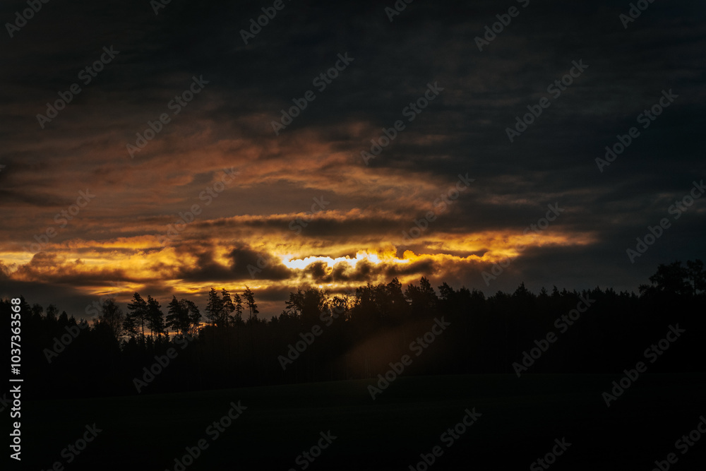 Sunset with dark clouds casting the silhouette of the forest in a dramatic golden glow. The rich colors of the sky contrast sharply with the dark landscape below Sunset with dark clouds casting the silhouette of the forest in a dramatic golden glow. The rich colors of the sky contrast sharply with the dark landscape below