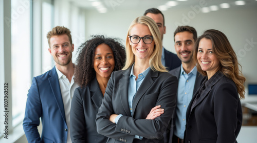 Diverse Group of Professional Business Team in Bright Office Environment - Leadership, Teamwork, and Collaboration