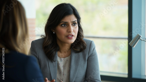 Free Download A portrait of a confident Indian woman in a smart blazer, engaged in a discussion during a business meeting, showcasing leadership and professionalism. - GFXLoad