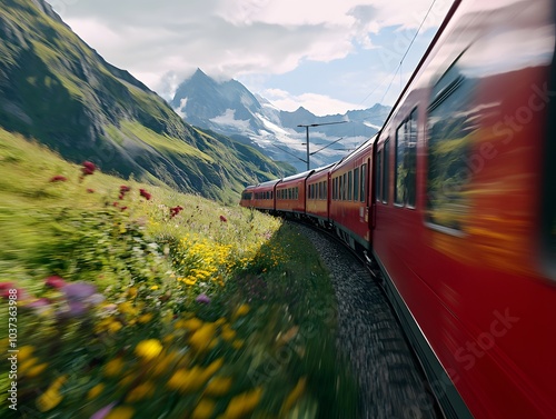 A red passenger train is speeding through a scenic mountain landscape. The train is surrounded by vibrant wildflowers and lush green meadows.  photo