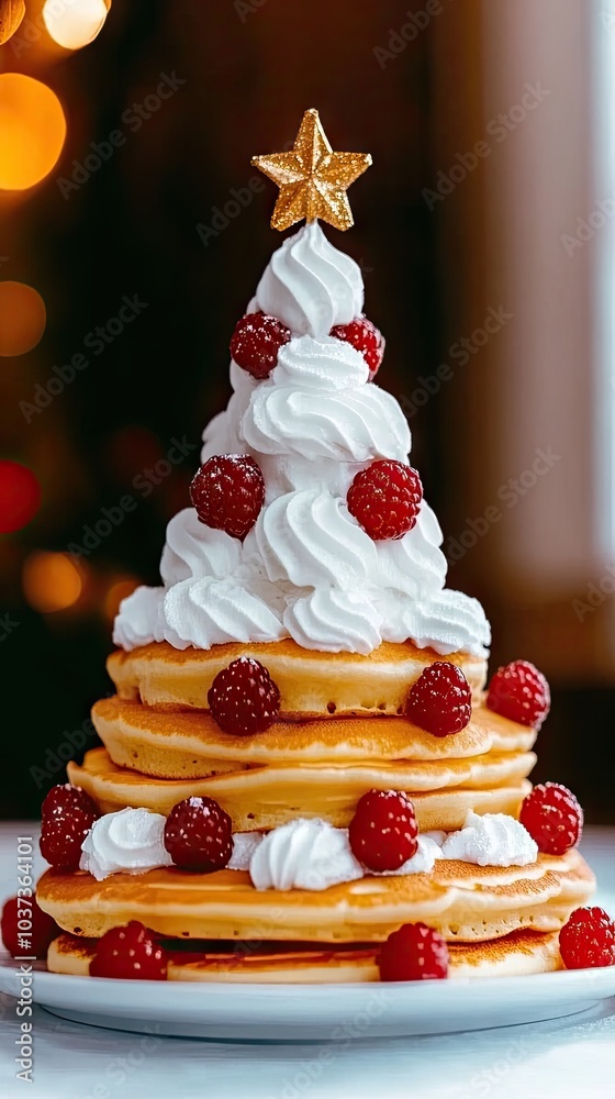 Delicious pancake Christmas tree adorned with berries and whipped cream on an elegant kitchen table during festive celebrations