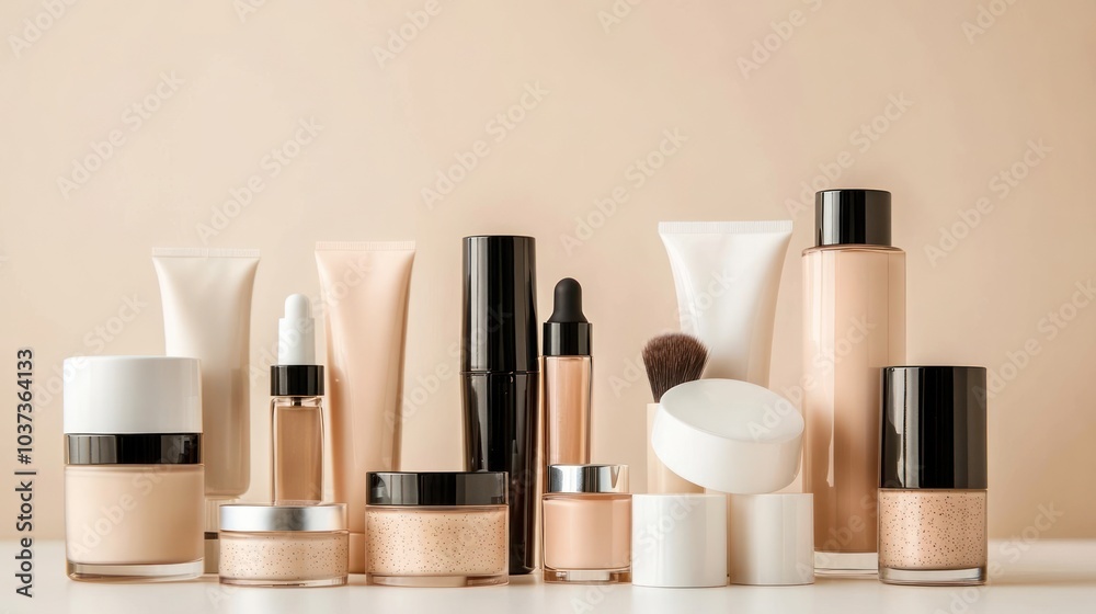 A collection of cosmetic products arranged on a neutral background for beauty applications. A collection of cosmetic products arranged on a neutral background for beauty applications.