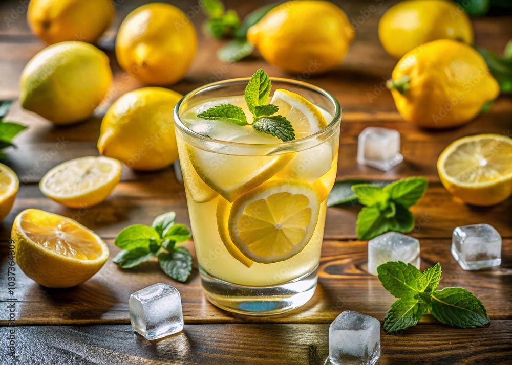 Fototapeta premium Refreshing Lemon Squash in Glass with Ice and Fresh Lemon Slices - High-Resolution Panoramic Photography
