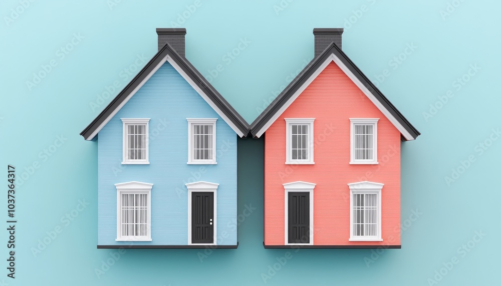 Two colorful houses side by side on a light blue background. Two colorful houses side by side on a light blue background.