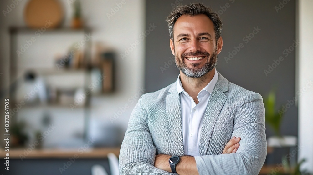 Obraz premium Professional Man Smiling in Modern Office Setting