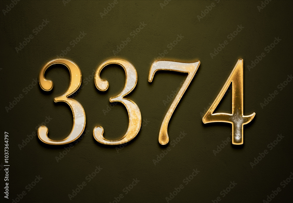 Old gold effect of 3374 number with 3D glossy style Mockup. Old gold effect of 3374 number with 3D glossy style Mockup.