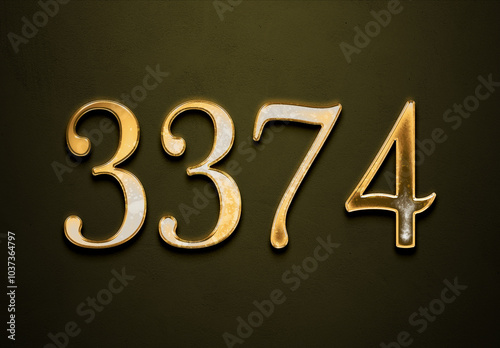 Old gold effect of 3374 number with 3D glossy style Mockup.