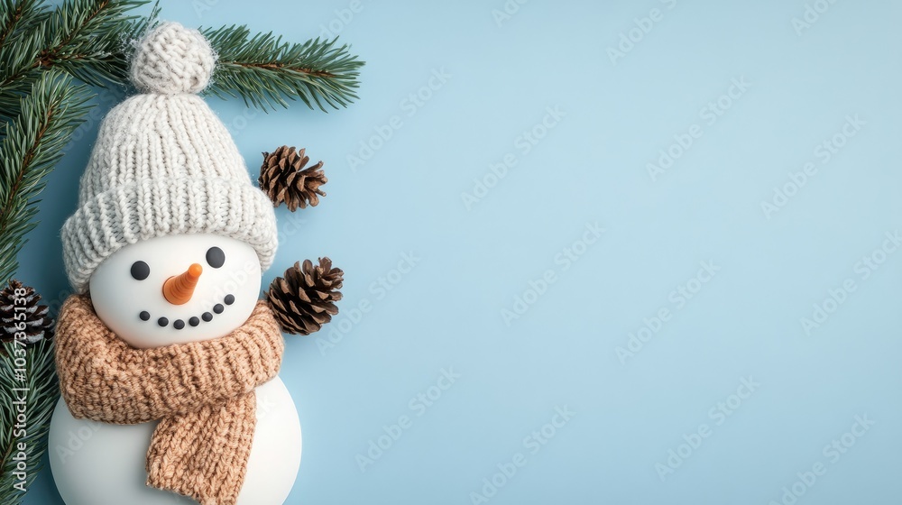 Cute smiling snowman wearing winter clothes on blue background Cute smiling snowman wearing winter clothes on blue background