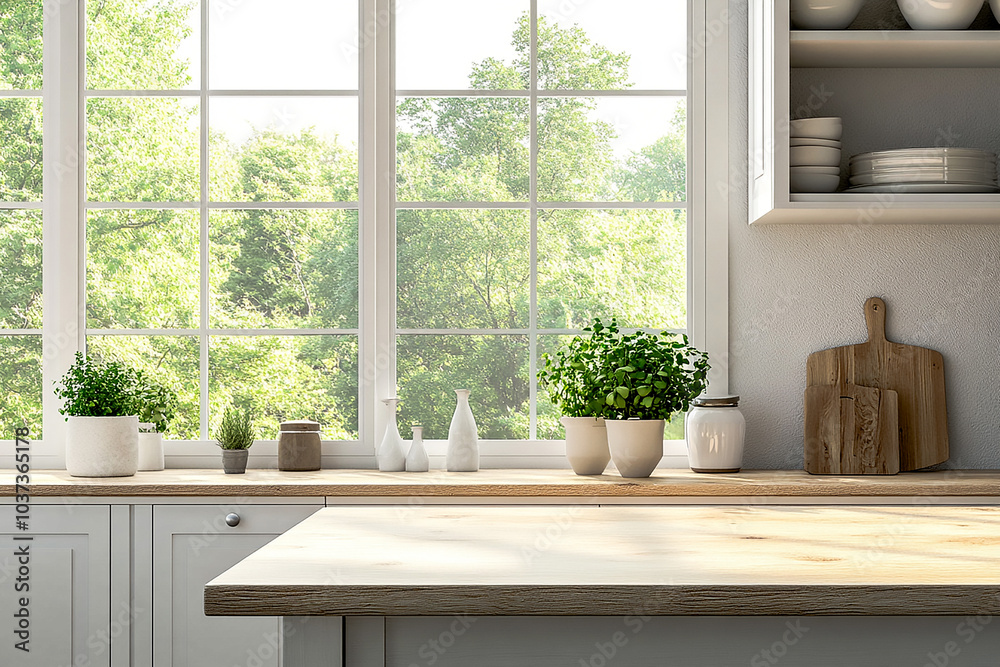 Fototapeta premium Modern Kitchen Interior Design with Dining Table and Cabinets, Ideal for Wall Mockup Display
