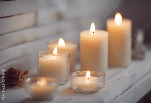 Burning scented candles for relax on white wooden table