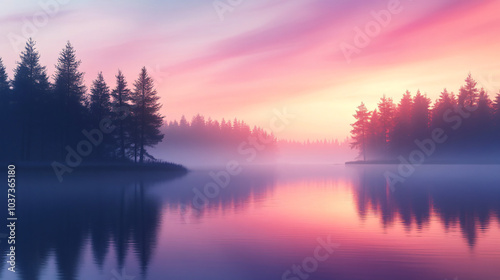 A peaceful lake at dusk, with soft reflections of trees and a colorful sky.