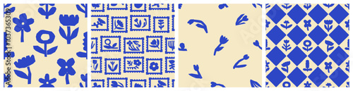 Abstract blue flower art seamless pattern set. Trendy contemporary floral nature shape background illustration. Natural organic plant leaves artwork wallpaper print collection. Vintage spring texture.