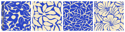 Abstract blue flower art seamless pattern set. Trendy contemporary floral nature shape background illustration. Natural organic plant leaves artwork wallpaper print collection. Vintage spring texture.